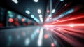 Futuristic data center corridor with red and blue light trails, motion blur, and glowing server racks high-speed digital Royalty Free Stock Photo