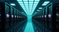 Futuristic data center corridor with rows of illuminated server racks and bright ceiling lighting Royalty Free Stock Photo