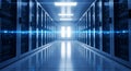 Futuristic data center corridor with rows of server racks and bright blue lighting effects and shiny floor Royalty Free Stock Photo