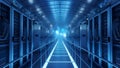 Futuristic Data Center Corridor Server Racks, Blinking Lights, Blue Tones, High-Tech Technology Royalty Free Stock Photo