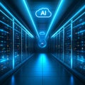Futuristic Data Center Corridor, Servers, Network Cloud Computing, AI, Big Data Technology.