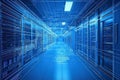 Modern data center with advanced blue digital overlay and server racks Royalty Free Stock Photo