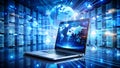 futuristic data center environment with a central laptop displaying a world map, surrounded by towering server racks Royalty Free Stock Photo