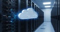 A futuristic data center features rows of black server racks with blinking lights. In
