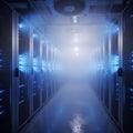 Futuristic data center features rows of server racks with glowing blue LED Royalty Free Stock Photo