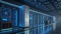 A futuristic data center features rows of sleek, modern server racks lit with blue LED lights Royalty Free Stock Photo