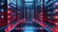 Inside the Modern Data Center with Rows of Server Racks Illuminated by Neon Lights Royalty Free Stock Photo