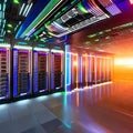 1101 Futuristic Data Center: A futuristic and sci-fi-inspired background featuring a high-tech data center with server racks, gl