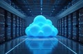 Futuristic data center. Glowing blue cloud center. Modern tech hardware. High-tech server racks. Cool and powerful system. Big