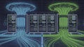 Futuristic Data Center with Glowing Blue and Green Data Streams Flowing into Server Racks Royalty Free Stock Photo