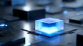 Futuristic data center glowing in blue light with a holographic quantum processor cube. Royalty Free Stock Photo