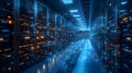 Futuristic data center with glowing blue and orange server racks, representing cloud computing, big data, and high-tech