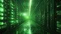 Green Illuminated Server Room Data Center Hosting Cloud Computing Technology. Royalty Free Stock Photo