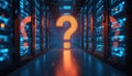 Futuristic data center with glowing question mark symbol in center. Server racks and digital information displays create Royalty Free Stock Photo
