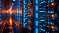 Data Center Interior with Glowing Lights Showing Server Racks, Network Connections, and Cooling Syst Royalty Free Stock Photo