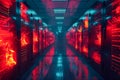 Futuristic Data Center Hall with Servers, Blue and Red Illuminated Aisles for High Performance Computing and Cyber Security Royalty Free Stock Photo
