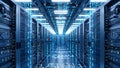 Futuristic Data Center Hallway with Blue Digital Lights and Server Racks, Technology Concept Royalty Free Stock Photo