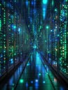 Futuristic data center hallway with green and blue digital lights Royalty Free Stock Photo