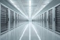 Futuristic data center hallway with server racks reflecting light for modern technology Royalty Free Stock Photo