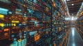 Futuristic data center with illuminated server racks and intricate data visualization