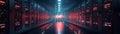 A futuristic data center with illuminated server racks and red-blue lighting, creating an advanced and secure technology