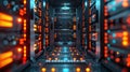 Server Room Data Center with Rows of Rack Servers and futuristic lights illuminating the area Royalty Free Stock Photo
