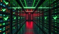 Futuristic data center. Illuminated servers display green checkmarks signifying successful operations. Network infrastructure