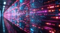 Data Center Server Room with Digital Information Streams in Glowing Neon Lights Royalty Free Stock Photo