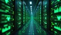 Futuristic data center with illuminated servers, green checkmarks, graphs. Successful server operations, validations. Digital Royalty Free Stock Photo