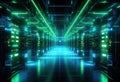 Futuristic data center with illuminated servers - high tech networking technology and digital infrastructure