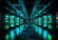 Futuristic data center with illuminated servers - high tech networking technology and digital infrastructure