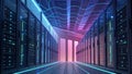 A futuristic data center interior features rows of server racks filled with glowing Royalty Free Stock Photo