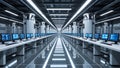 Futuristic Data Center Interior with Sleek Computer Workstations Royalty Free Stock Photo