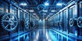 A futuristic data center with intricate gear mechanisms and reflective floors representing advanced technology and secure Royalty Free Stock Photo