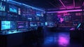 Futuristic data center with multiple monitors displaying digital analytics in neon lighting