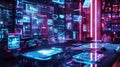 Futuristic data center with neon lights and interactive display panels interface Royalty Free Stock Photo