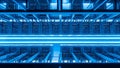 Futuristic Data Center Network Server Racks with Blue Neon Lights and Cables Royalty Free Stock Photo