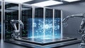 Futuristic Data Center with Robotic Arms and Digital Interface Royalty Free Stock Photo