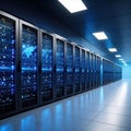 Futuristic Data Center Room with Server Racks and Digital Network Infrastructure Royalty Free Stock Photo