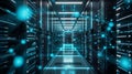 A futuristic data center with rows of high-tech servers illuminated by blue lights Royalty Free Stock Photo