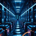A futuristic data center with rows of illuminated server racks Royalty Free Stock Photo