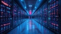 Futuristic data center with rows of illuminated servers and blue ambient Royalty Free Stock Photo