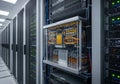 A futuristic data center with rows of server racks, each housing Royalty Free Stock Photo