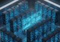 A futuristic data center with rows of servers connected by glowing blue cables, arranged neatly on Royalty Free Stock Photo
