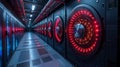 A futuristic data center with rows of servers and glowing red lights. The image represents the power and complexity of modern