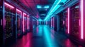 Futuristic data center with rows of servers and vibrant neon pink and blue lighting, concepts of technology Royalty Free Stock Photo