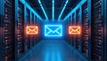 Futuristic data center scene with email icons glows. Server room tech infrastructure with network and cyberspace concept. Digital Royalty Free Stock Photo