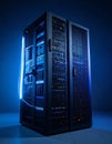 Futuristic Data Center Server with Blue Neon Glow Royalty Free Stock Photo