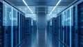 Futuristic Data Center Server Racks with Digital HUD Displays and Blue Neon Lights Royalty Free Stock Photo