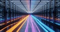 Futuristic data center server racks with glowing data lines, network connectivity Royalty Free Stock Photo